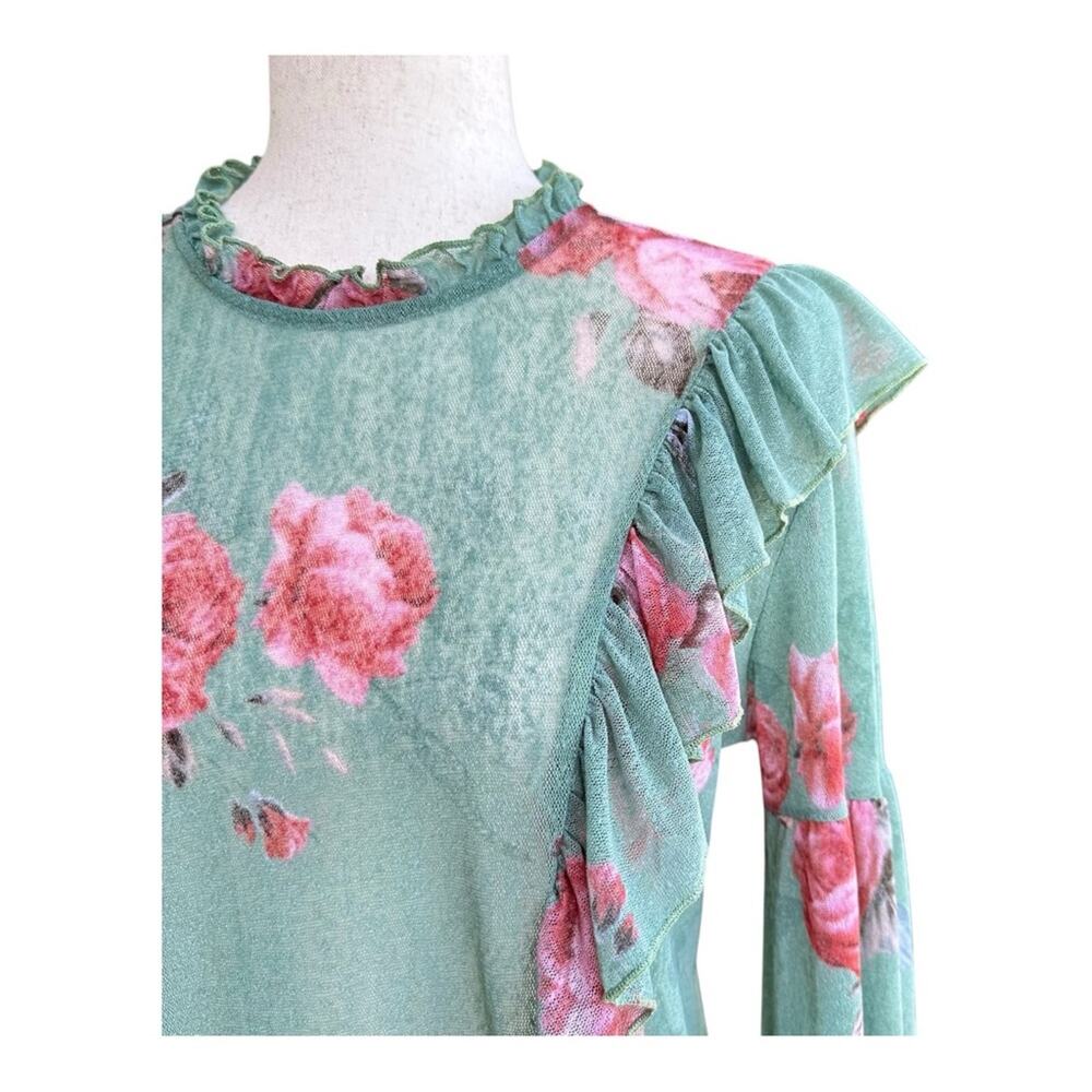 Know.One.Cares Green Top Floral Ruffle Long Sleeve Semi Sheer Shirt Couquette S - Picture 3 of 13